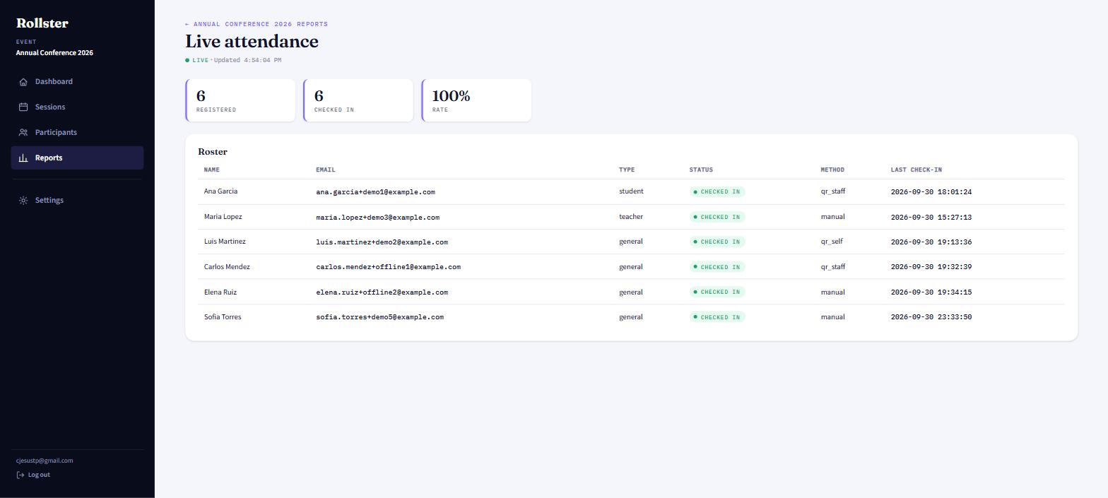 Rollster live attendance dashboard showing six participants checked in