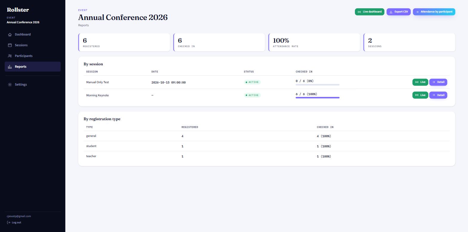 Rollster reports dashboard showing 100% attendance for a conference session